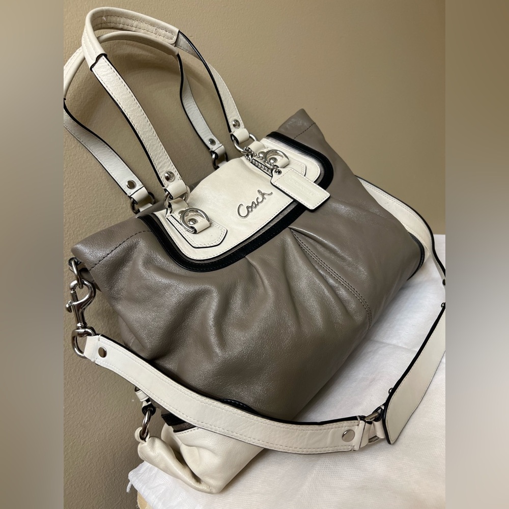 Coach Ashley Taupe and Cream Leather Shoulder Bag - Picture 9 of 14